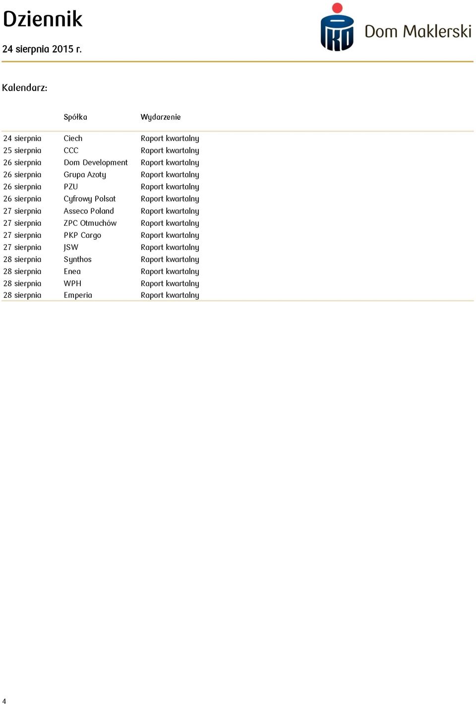 Asseco Poland Raport kwartalny 27 sierpnia ZPC Otmuchów Raport kwartalny 27 sierpnia PKP Cargo Raport kwartalny 27 sierpnia JSW Raport