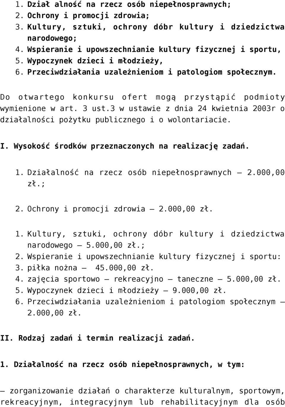 Do otwartego konkursu ofert mogą przystąpić podmioty wymienione w art. 3 ust.3 w ustawie z dnia 24 kwietnia 2003r o działalności pożytku publicznego i o wolontariacie. I.