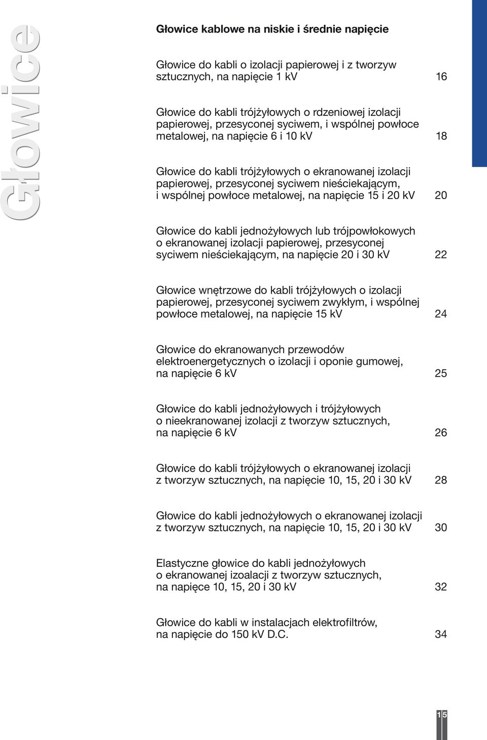 metalowej, na napięcie 15 i 20 kv 20 Głowice do kabli jednożyłowych lub trójpowłokowych o ekranowanej izolacji papierowej, przesyconej syciwem nieściekającym, na napięcie 20 i 30 kv 22 Głowice
