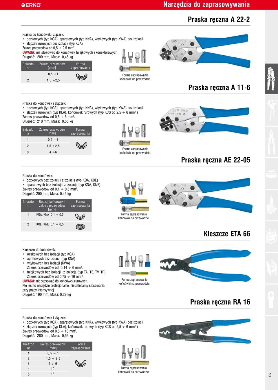 UWAGA: nie stosowaç do koƒcówek tulejkowych i konektorowych D ugoêç: 200 mm, Masa: 0,45 kg Gniazdo nr Zakres przewodów [mm 2 ] 1 0,5 1 2 1,5 2,5 Forma zaprasowania Forma zaprasowania koƒcówki na