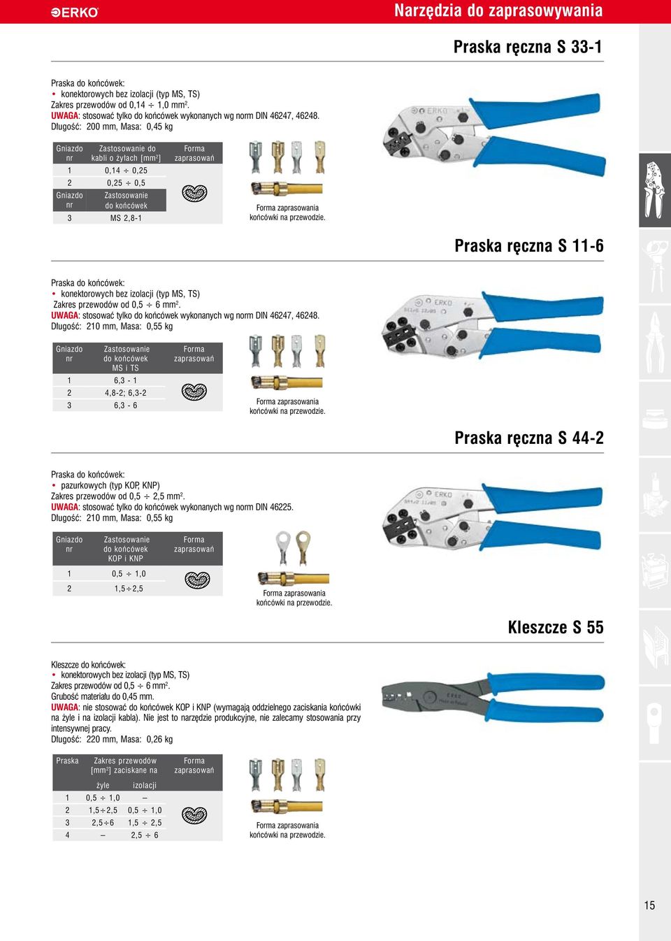 D ugoêç: 200 mm, Masa: 0,45 kg Gniazdo nr Zastosowanie do kabli o y ach [mm 2 ] 1 0,14 0,25 2 0,25 0,5 Gniazdo nr Zastosowanie do koƒcówek 3 MS 2,8-1 Forma zaprasowaƒ Forma zaprasowania koƒcówki na