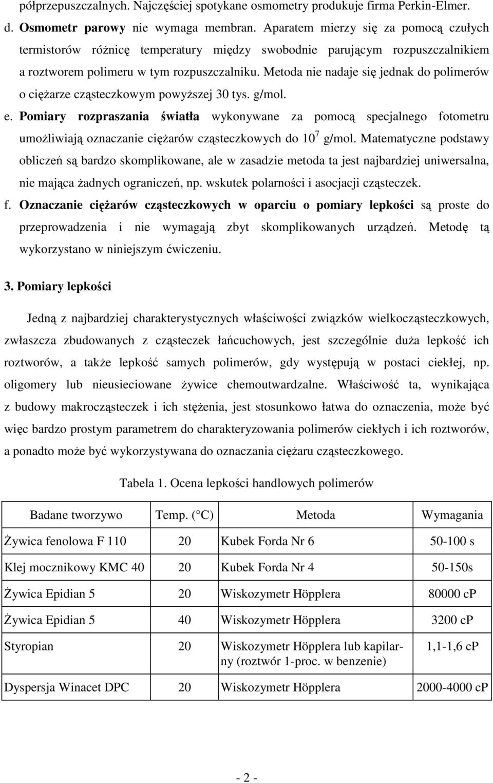 Metoda nie nadaje się jednak do polimerów o ciężarze cząsteczkowym powyższej 30 tys. g/mol. e.