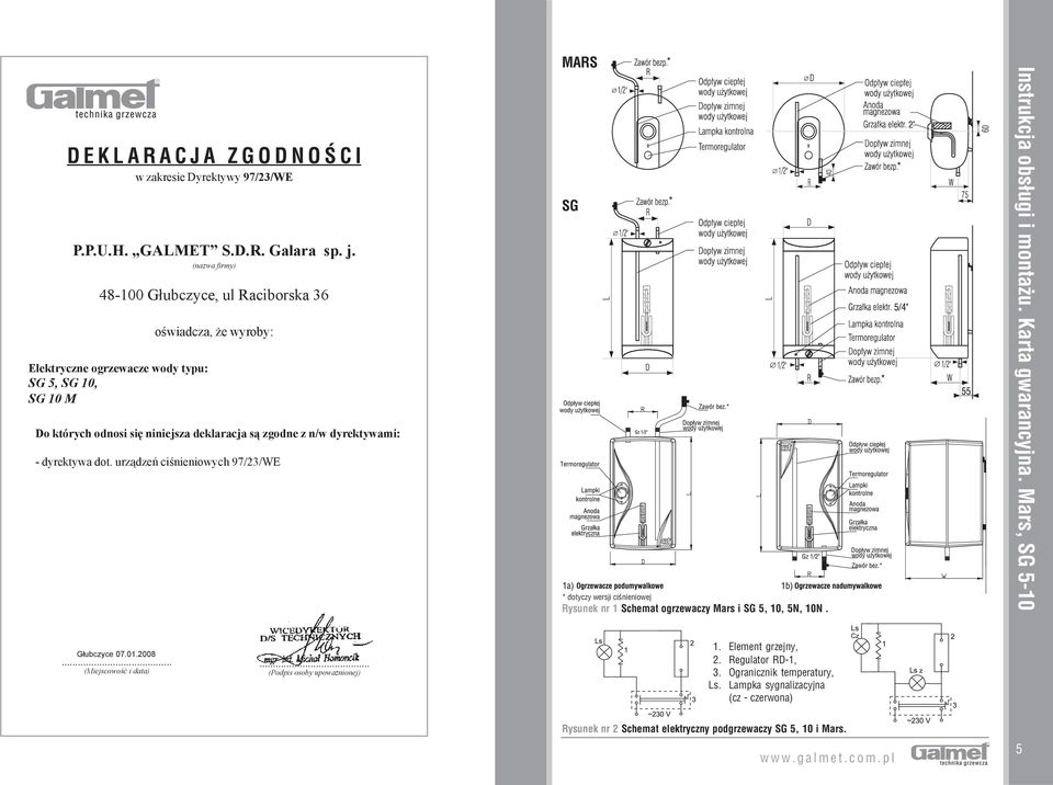 dyrektywa dot. urz¹dzeñ ciœnieniowych 97/23/WE MARS SG * dotyczy wersji ciśnieniowej Rysunek nr 1 Schemat ogrzewaczy Mars i SG 5, 10, 5N, 10N. Instrukcja obsługi i montażu. Karta gwarancyjna.