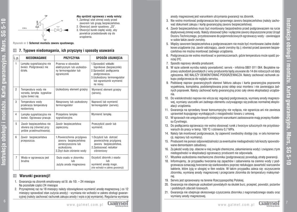 Ogrzewacz pracuje. Zawór bezpieczeństwa nie otwiera się (również przy próbie przedmuchiwania). Zawór bezpieczeństwa przepuszcza. Woda w ogrzewaczu jest brudna Warunki gwarancji!