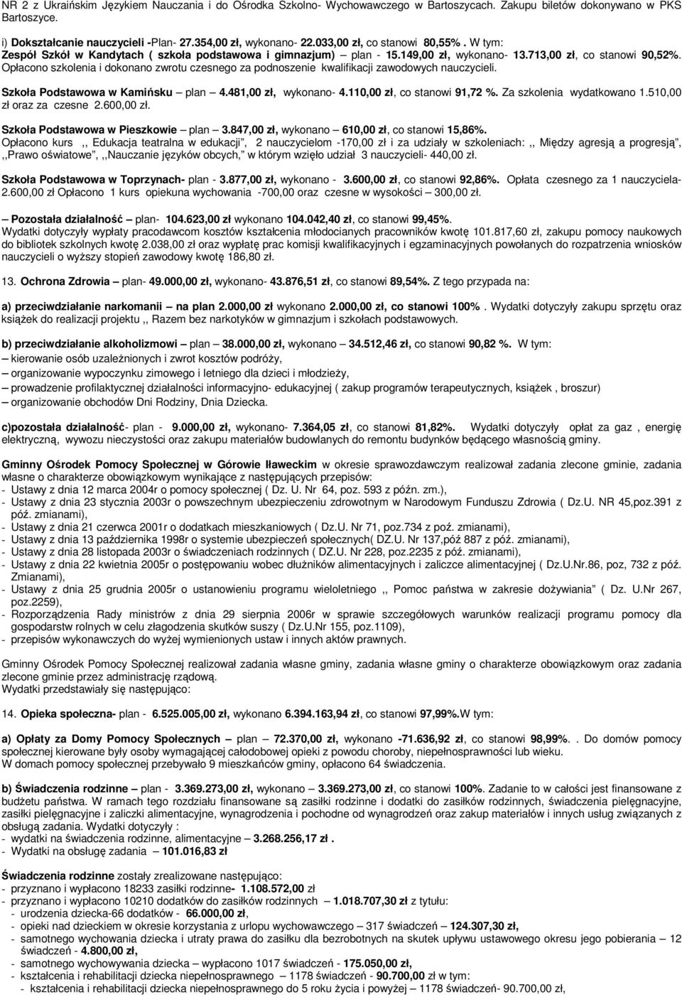 Opłacono szkolenia i dokonano zwrotu czesnego za podnoszenie kwalifikacji zawodowych nauczycieli. Szkoła Podstawowa w Kamińsku plan 4.481,00 zł, wykonano- 4.110,00 zł, co stanowi 91,72 %.