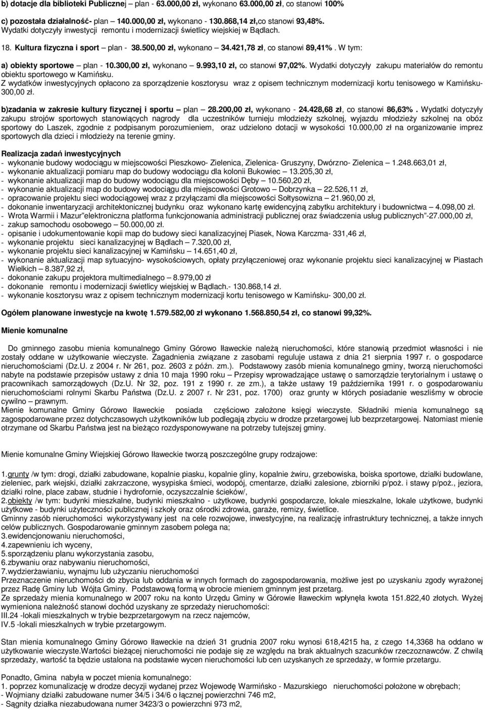 W tym: a) obiekty sportowe plan - 10.300,00 zł, wykonano 9.993,10 zł, co stanowi 97,02%. Wydatki dotyczyły zakupu materiałów do remontu obiektu sportowego w Kamińsku.