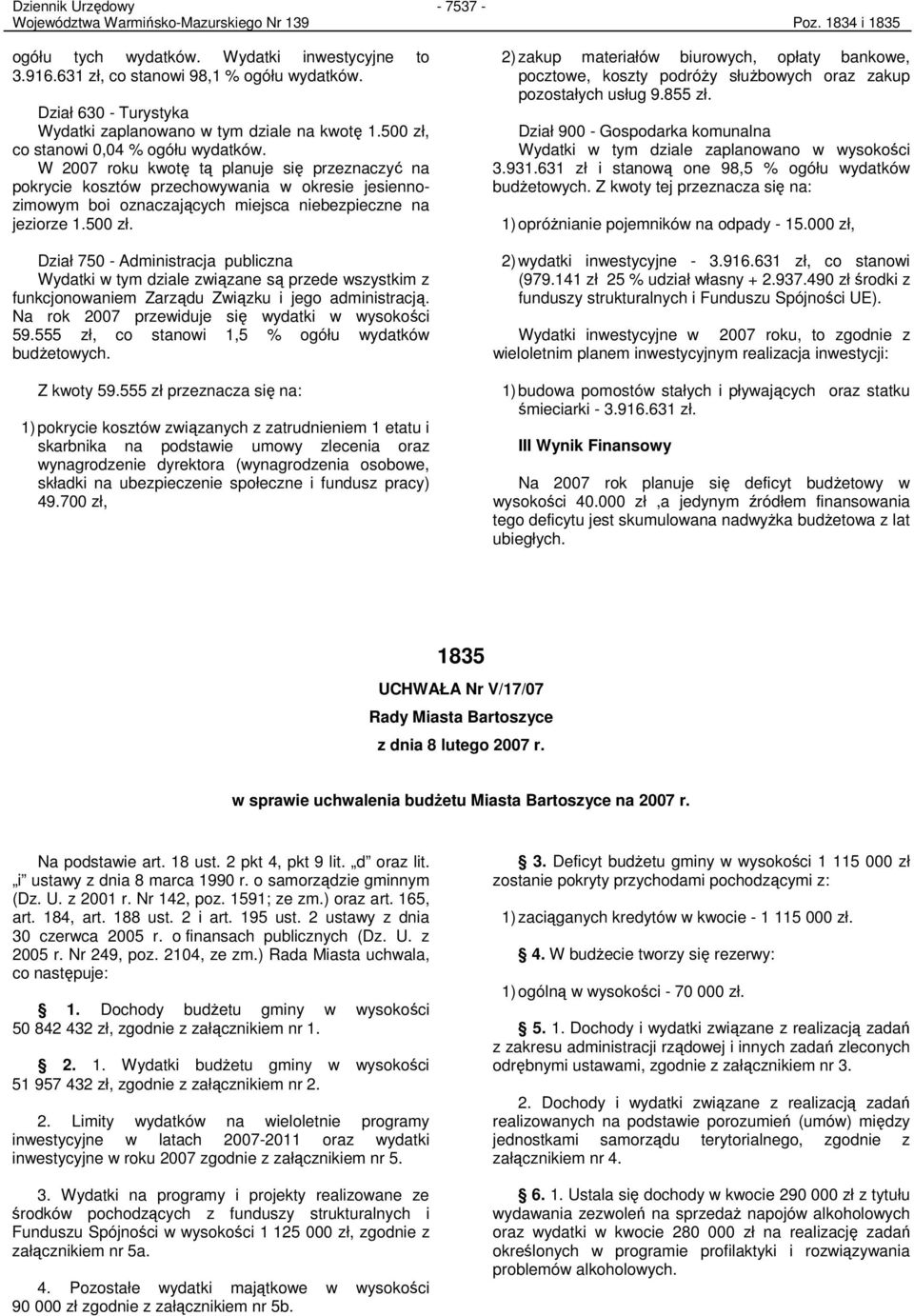 W 2007 roku kwotę tą planuje się przeznaczyć na pokrycie kosztów przechowywania w okresie jesiennozimowym boi oznaczających miejsca niebezpieczne na jeziorze 1.500 zł.