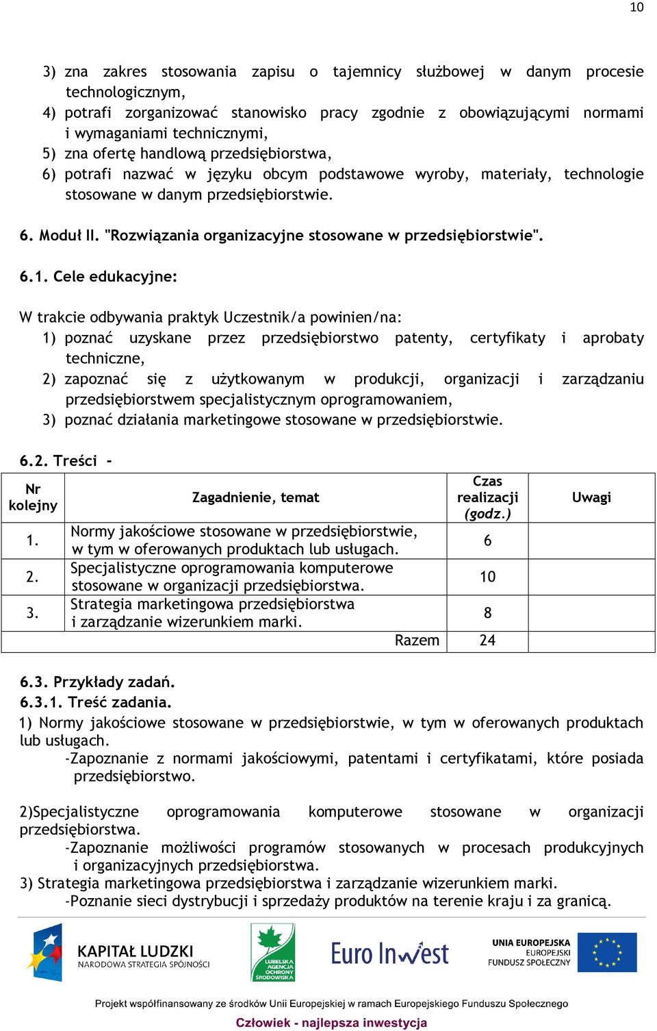 "Rozwiązania organizacyjne stosowane w przedsiębiorstwie". 6.1.