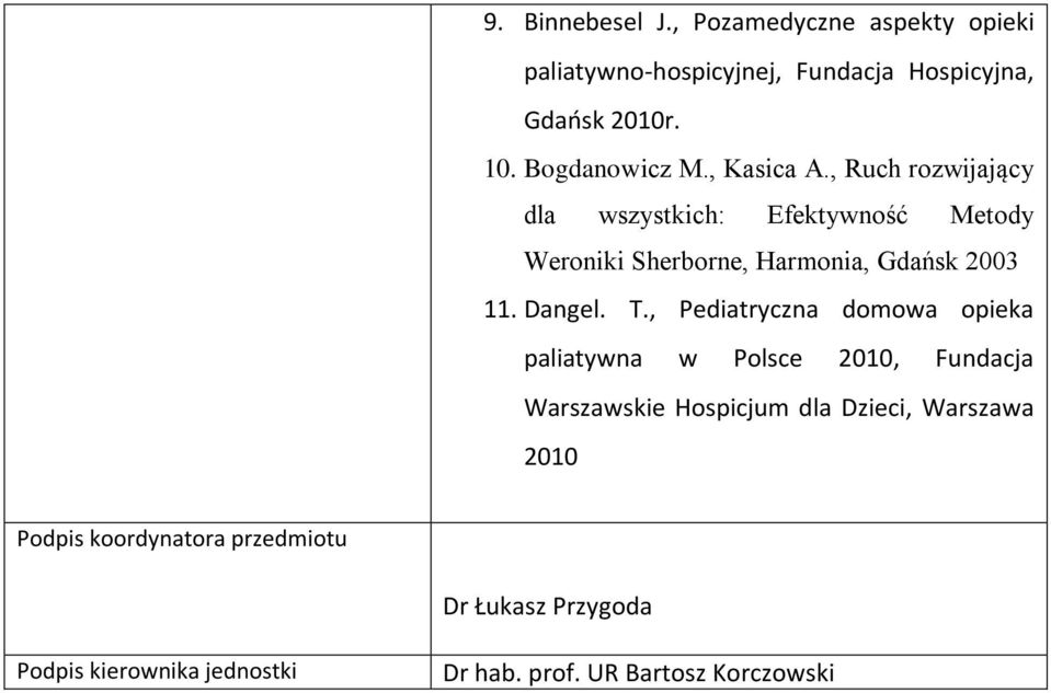 , Ruch rozwijający dla wszystkich: Efektywność Metody Weroniki Sherborne, Harmonia, Gdańsk 003 11. Dangel. T.