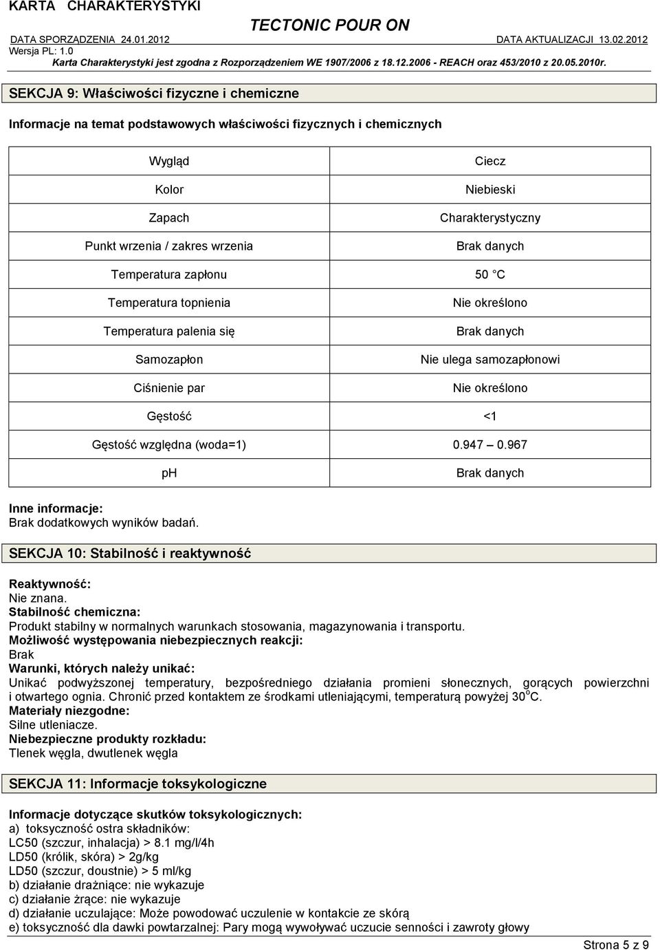 967 ph Inne informacje: Brak dodatkowych wyników badań. SEKCJA 10: Stabilność i reaktywność Reaktywność: Nie znana.