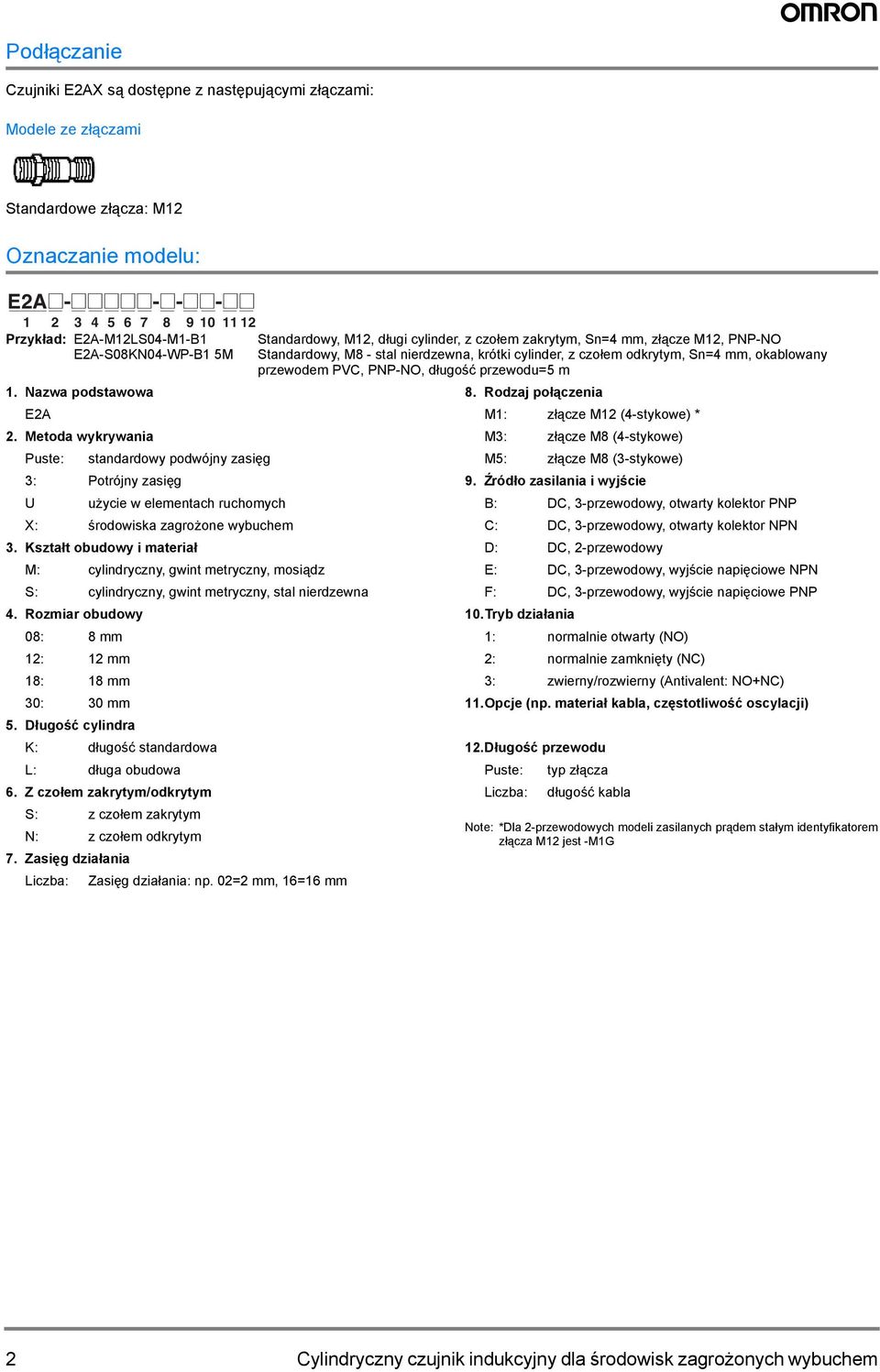 przewodu=5 m. Nazwa podstawowa 8. Rodzaj połączenia E2A M: złącze M2 (-stykowe) * 2.