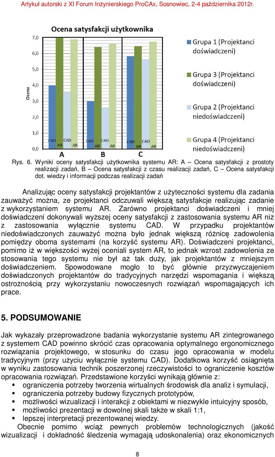 zadanie z wykorzystaniem systemu AR. Zarówno projektanci doświadczeni i mniej doświadczeni dokonywali wyższej oceny satysfakcji z zastosowania systemu AR niż z zastosowania wyłącznie systemu CAD.