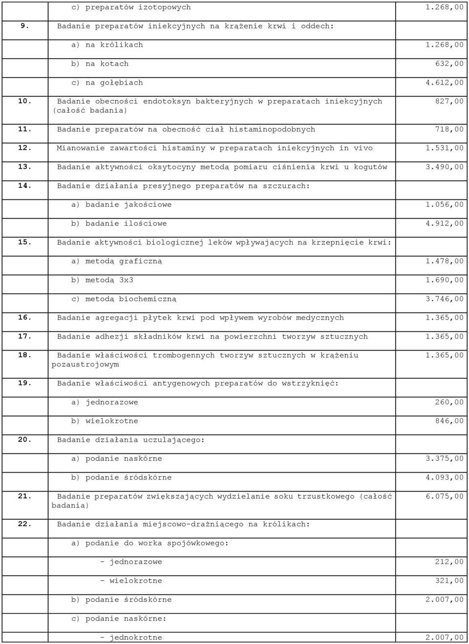 Mianowanie zawartości histaminy w preparatach iniekcyjnych in vivo 1.531,00 13. Badanie aktywności oksytocyny metodą pomiaru ciśnienia krwi u kogutów 3.490,00 14.