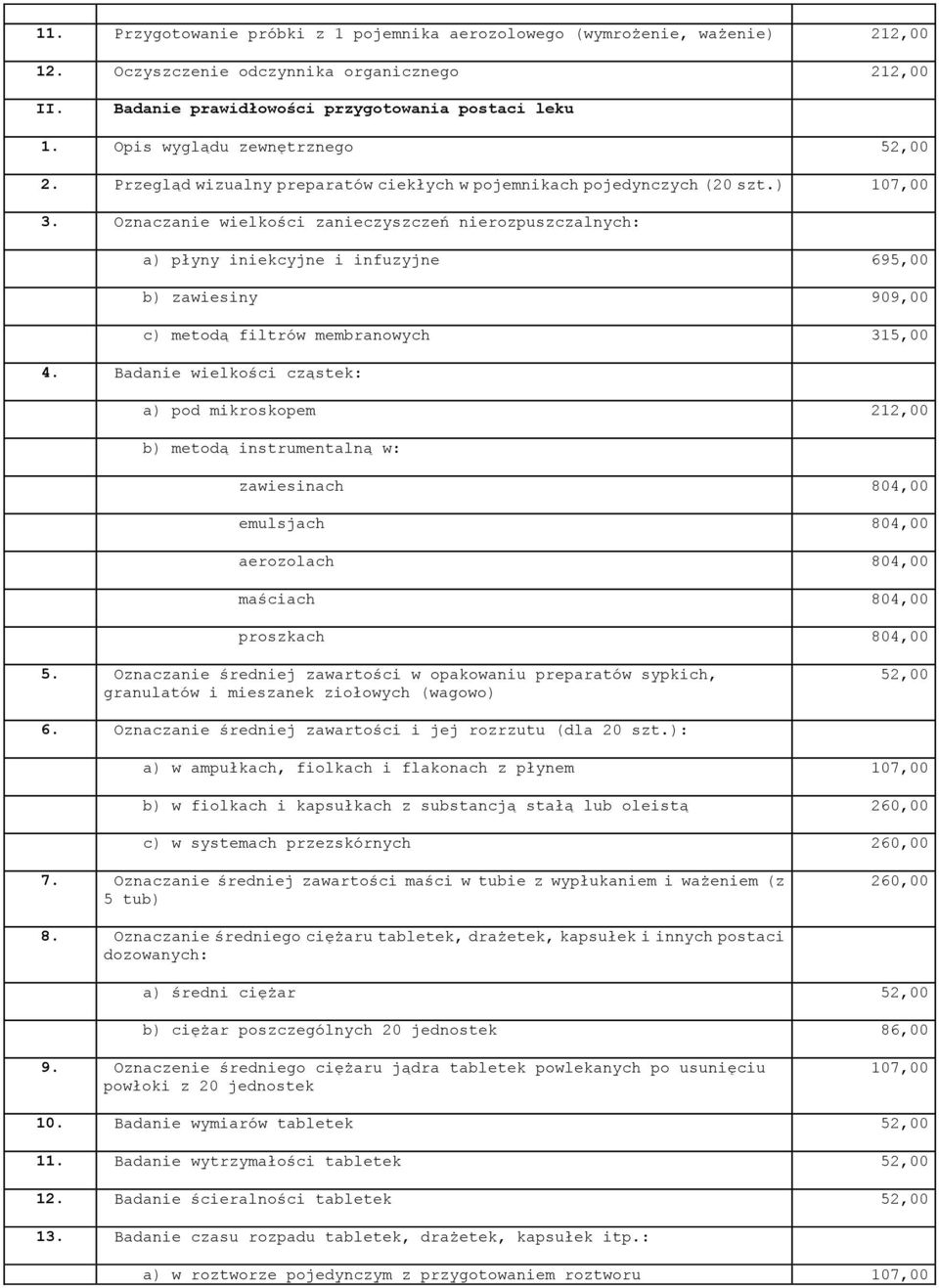 Oznaczanie wielkości zanieczyszczeń nierozpuszczalnych: a) płyny iniekcyjne i infuzyjne 695,00 b) zawiesiny 909,00 c) metodą filtrów membranowych 315,00 4.