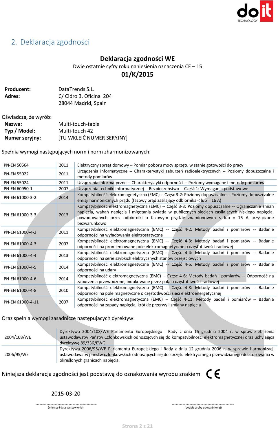 ostatnie cyfry roku naniesienia oznaczenia CE 15 01/K/2015 Spełnia wymogi następujących norm i norm zharmonizowanych: PN-EN 50564 2011 Elektryczny sprzęt domowy Pomiar poboru mocy sprzętu w stanie