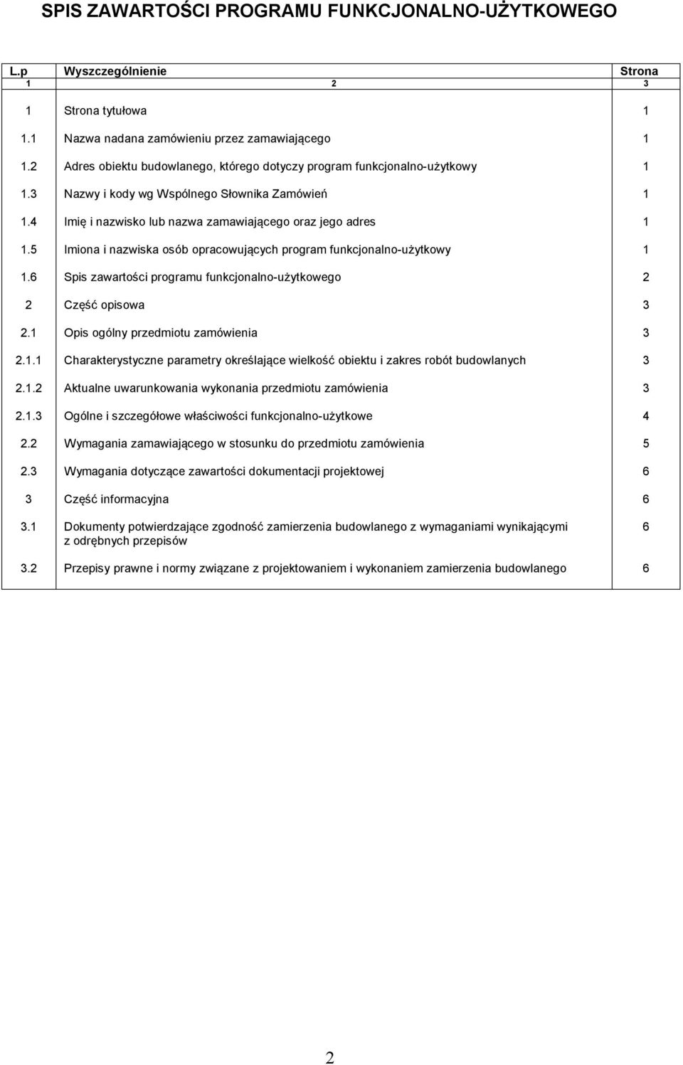 5 Imiona i nazwiska osób opracowujących program funkcjonalno-użytkowy 1 1.6 Spis zawartości programu funkcjonalno-użytkowego 2 2 Część opisowa 3 2.1 Opis ogólny przedmiotu zamówienia 3 2.1.1 Charakterystyczne parametry określające wielkość obiektu i zakres robót budowlanych 3 2.