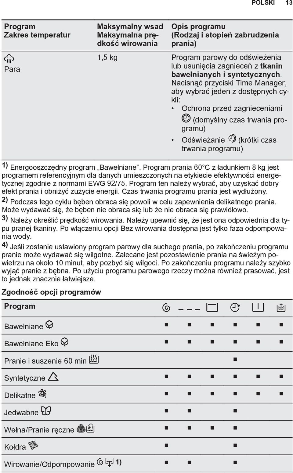 Nacisnąć przyciski Time Manager, aby wybrać jeden z dostępnych cykli: Ochrona przed zagnieceniami (domyślny czas trwania programu) Odświeżanie (krótki czas trwania programu) 1) Energooszczędny