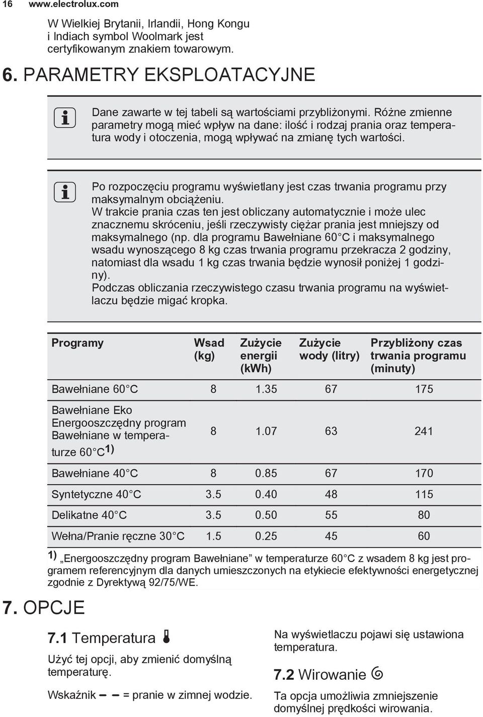 Różne zmienne parametry mogą mieć wpływ na dane: ilość i rodzaj prania oraz temperatura wody i otoczenia, mogą wpływać na zmianę tych wartości.