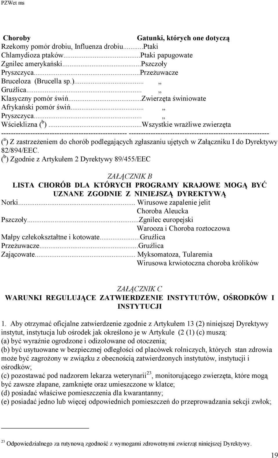 ..Wszystkie wrażliwe zwierzęta ---------------------------------------------------- ---------------------------------------------------------- ( a ) Z zastrzeżeniem do chorób podlegających zgłaszaniu