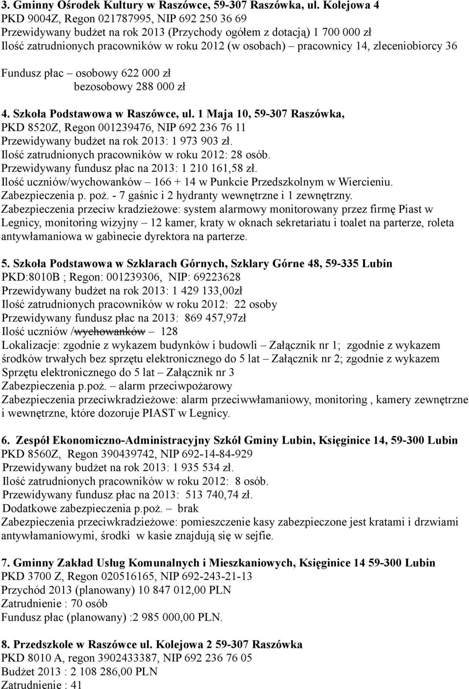 14, zleceniobiorcy 36 Fundusz płac osobowy 622 000 zł bezosobowy 288 000 zł 4. Szkoła Podstawowa w Raszówce, ul.