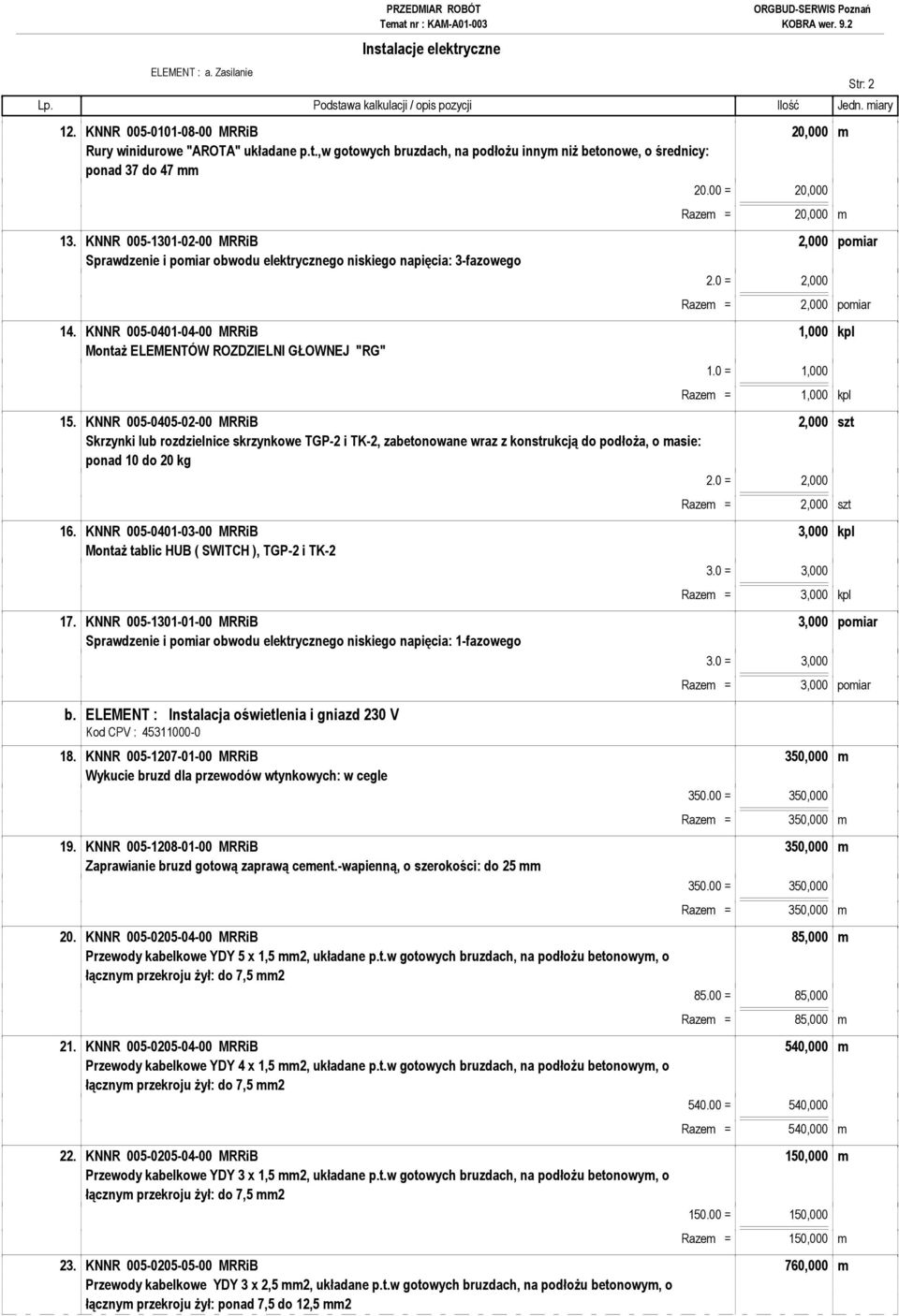 KNNR 005-1301-02-00 MRRiB 2,000 pomiar Sprawdzenie i pomiar obwodu elektrycznego niskiego napięcia: 3-fazowego 2.0 = 2,000 Str: 2 Razem = 2,000 pomiar 14.