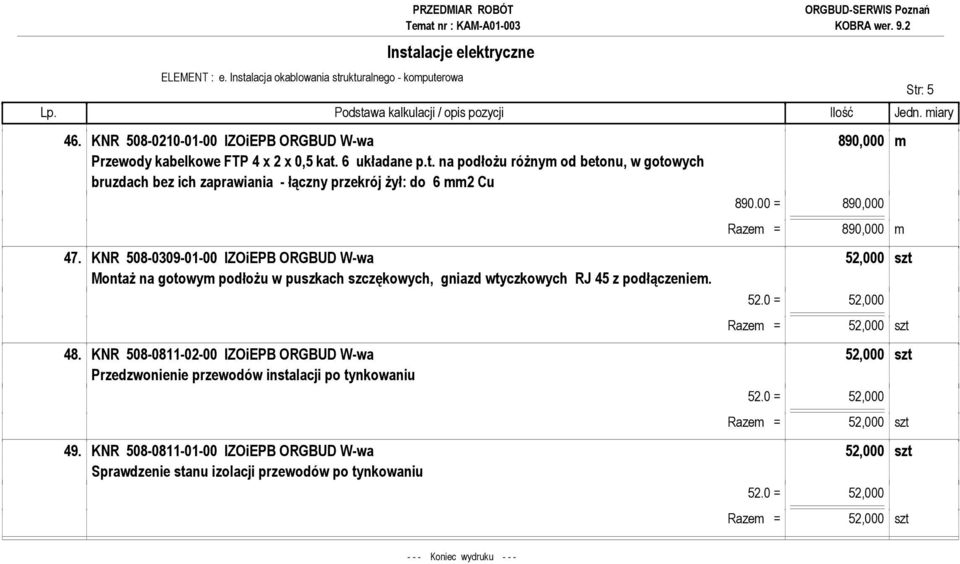 KNR 508-0811-02-00 IZOiEPB ORGBUD W-wa 52,000 szt Przedzwonienie przewodów instalacji po tynkowaniu 52.0 = 52,000 Razem = 52,000 szt 49.