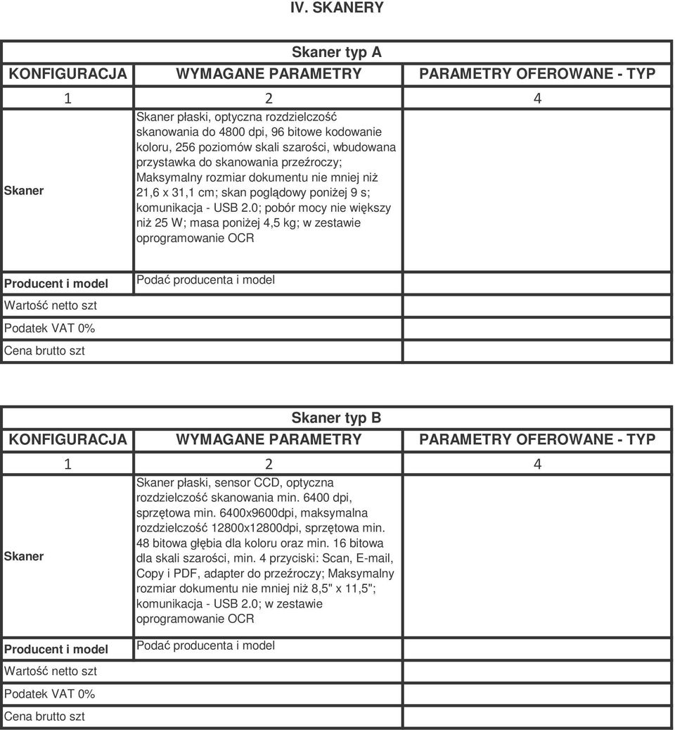 0; pobór mocy nie wikszy ni 25 W; masa poniej 4,5 kg; w zestawie oprogramowanie OCR KONFIGURACJA WYMAGANE PARAMETRY PARAMETRY OFEROWANE - TYP Skaner Skaner typ B Skaner płaski, sensor CCD, optyczna