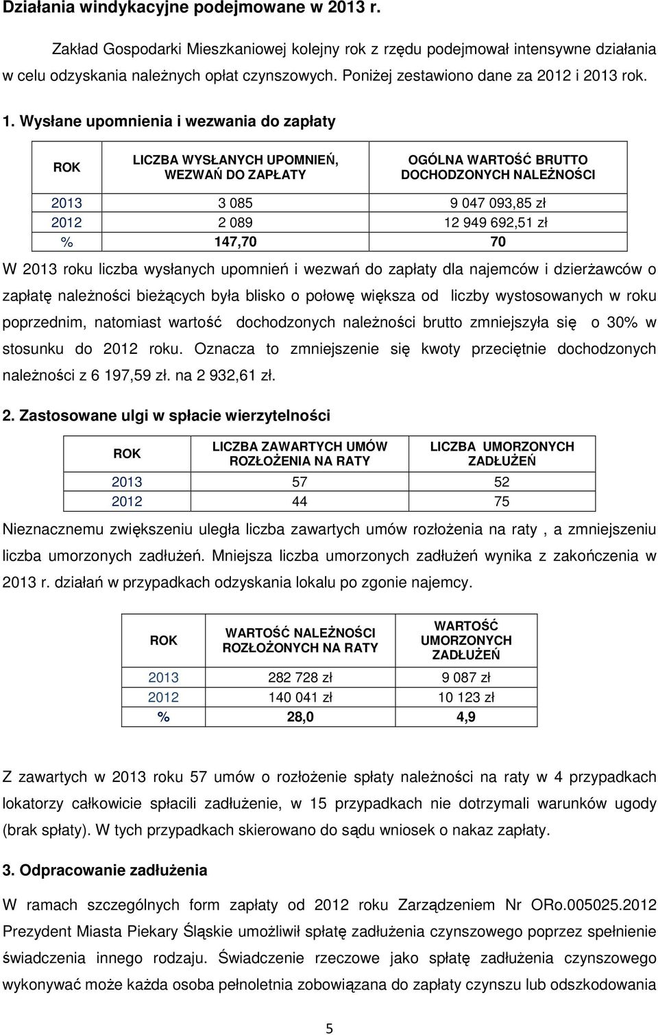 Wysłane upomnienia i wezwania do zapłaty LICZBA WYSŁANYCH UPOMNIEŃ, WEZWAŃ DO ZAPŁATY OGÓLNA WARTOŚĆ BRUTTO DOCHODZONYCH NALEŻNOŚCI 2013 3 085 9 047 093,85 zł 2012 2 089 12 949 692,51 zł % 147,70 70