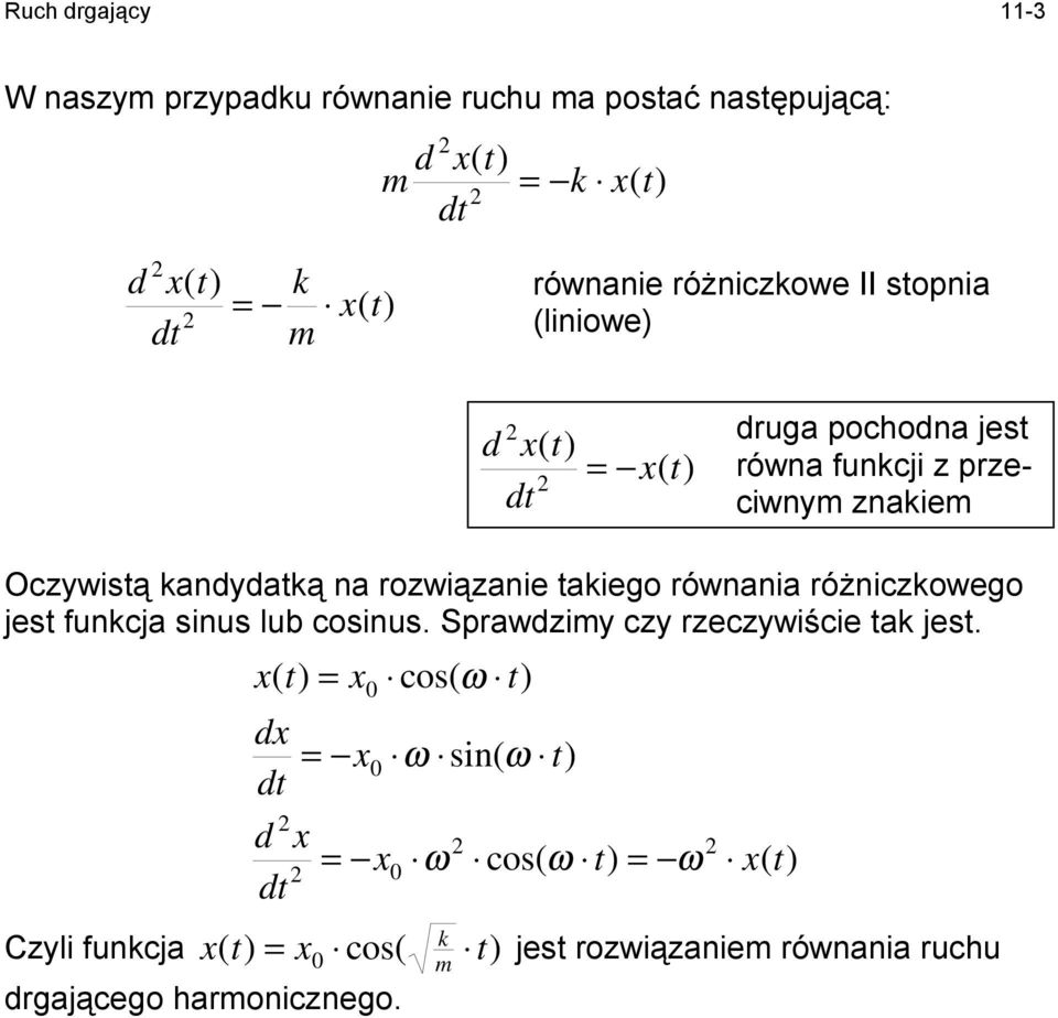 na rozwiązanie takiego równania różniczkowego jest funkcja sinus ub cosinus. Sprawdzimy czy rzeczywiście tak jest.