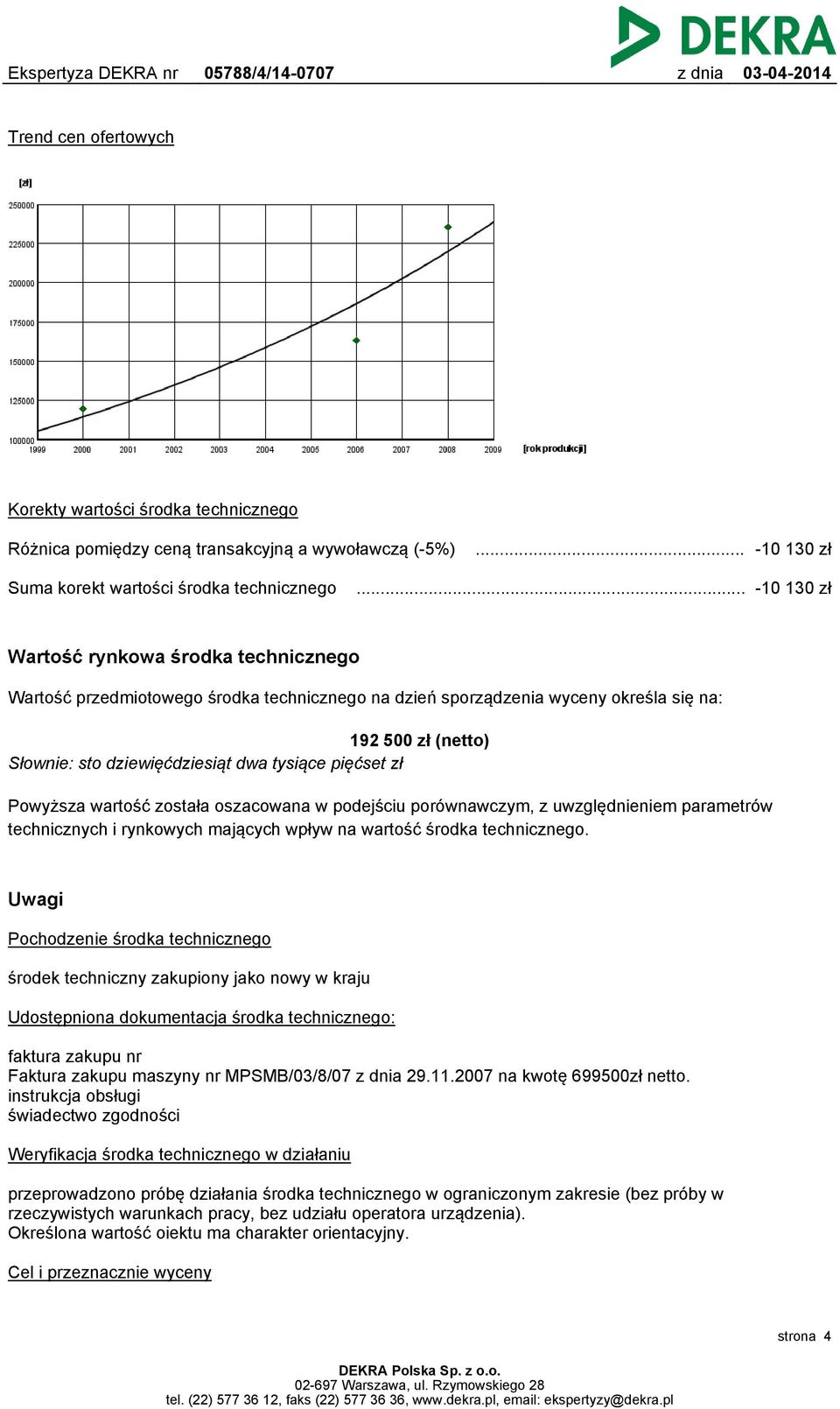 pięćset zł Powyższa wartość została oszacowana w podejściu porównawczym, z uwzględnieniem parametrów technicznych i rynkowych mających wpływ na wartość środka technicznego.