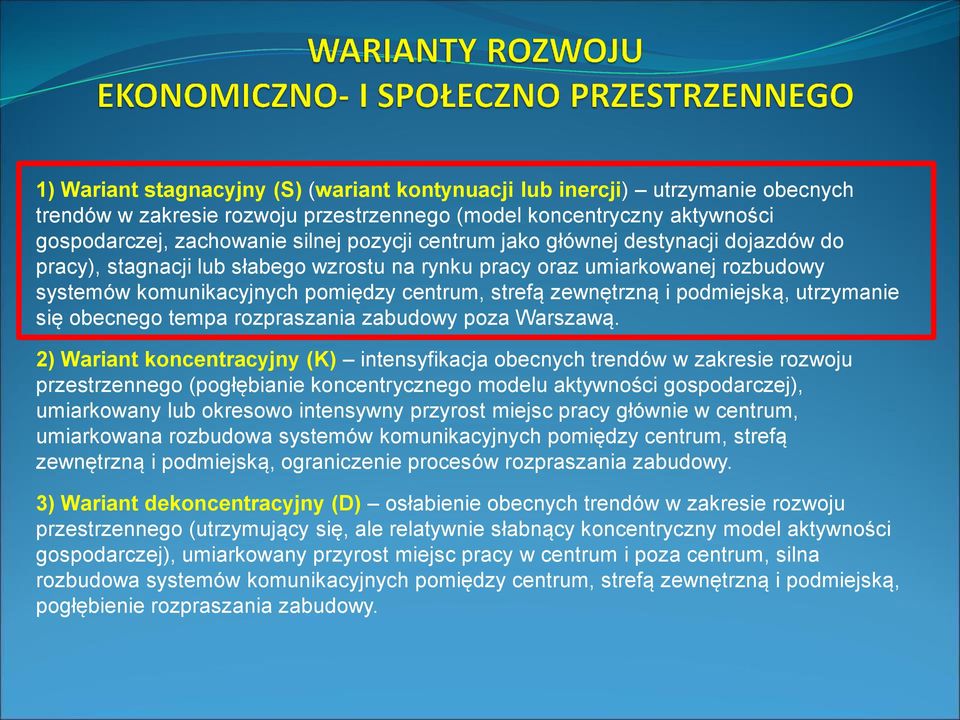 utrzymanie się obecnego tempa rozpraszania zabudowy poza Warszawą.