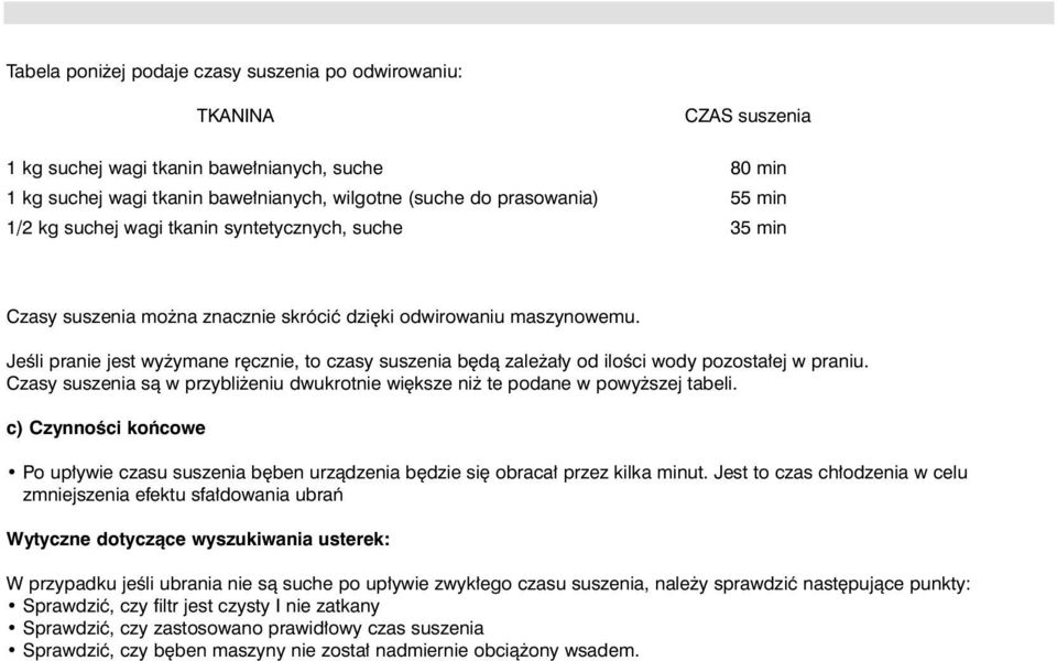 JeÊli pranie jest wy ymane r cznie, to czasy suszenia b dà zale a y od iloêci wody pozosta ej w praniu. Czasy suszenia sà w przybli eniu dwukrotnie wi ksze ni te podane w powy szej tabeli.