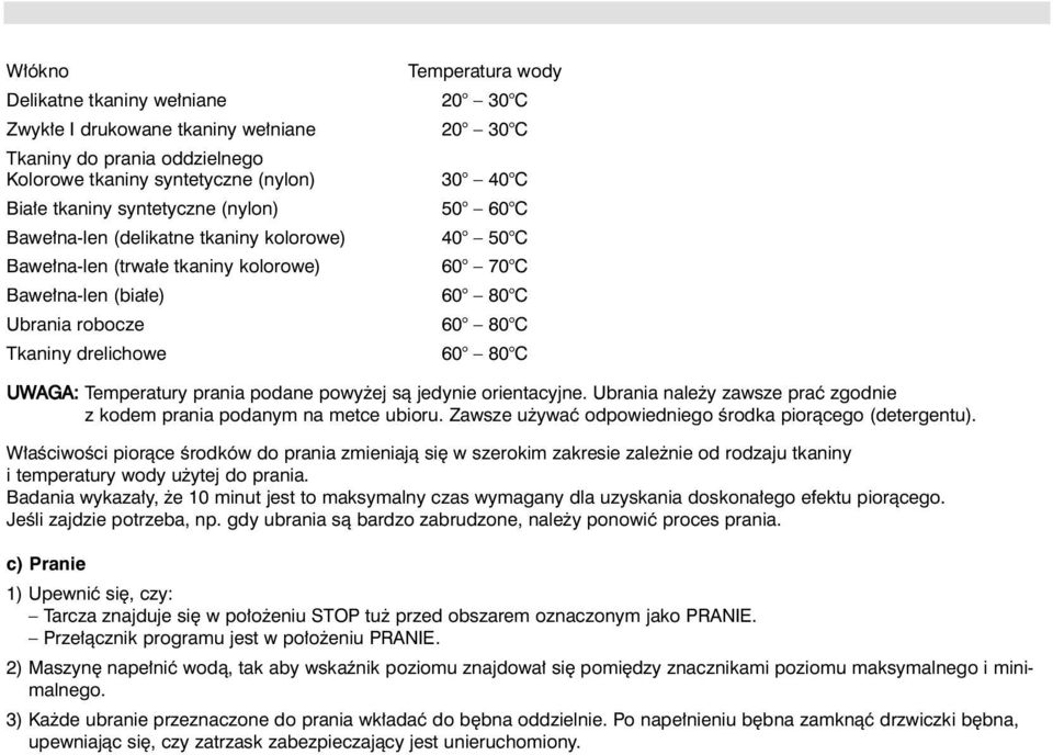 C UWAGA: Temperatury prania podane powy ej sà jedynie orientacyjne. Ubrania nale y zawsze praç zgodnie z kodem prania podanym na metce ubioru.