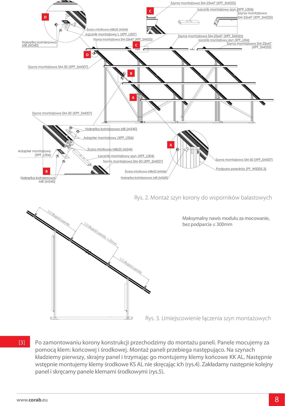 podparcia 300mm Rys. 3. Umiejscowienie łączenia szyn montażowych [3] Po zamontowaniu korony konstrukcji przechodzimy do montażu paneli.