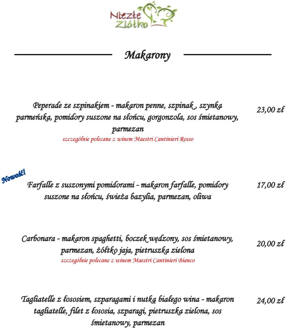 Carbonara - makaron spaghetti, boczek wędzony, sos śmietanowy, parmezan, żółtko jaja, pietruszka zielona szczególnie polecane z winem Maestri Cantinieri Bianco