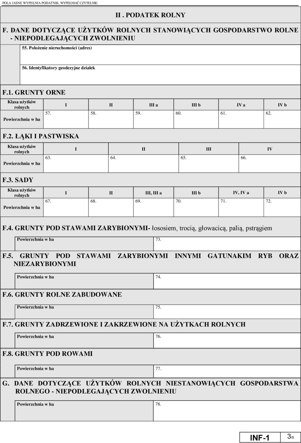 F.5. GRUNTY POD STAWAMI ZARYBIONYMI INNYMI GATUNAKIM RYB ORAZ NIEZARYBIONYMI 74. F.6. GRUNTY ROLNE ZABUDOWANE 75. F.7. GRUNTY ZADRZEWIONE I ZAKRZEWIONE NA UŻYTKACH ROLNYCH 76. F.8.