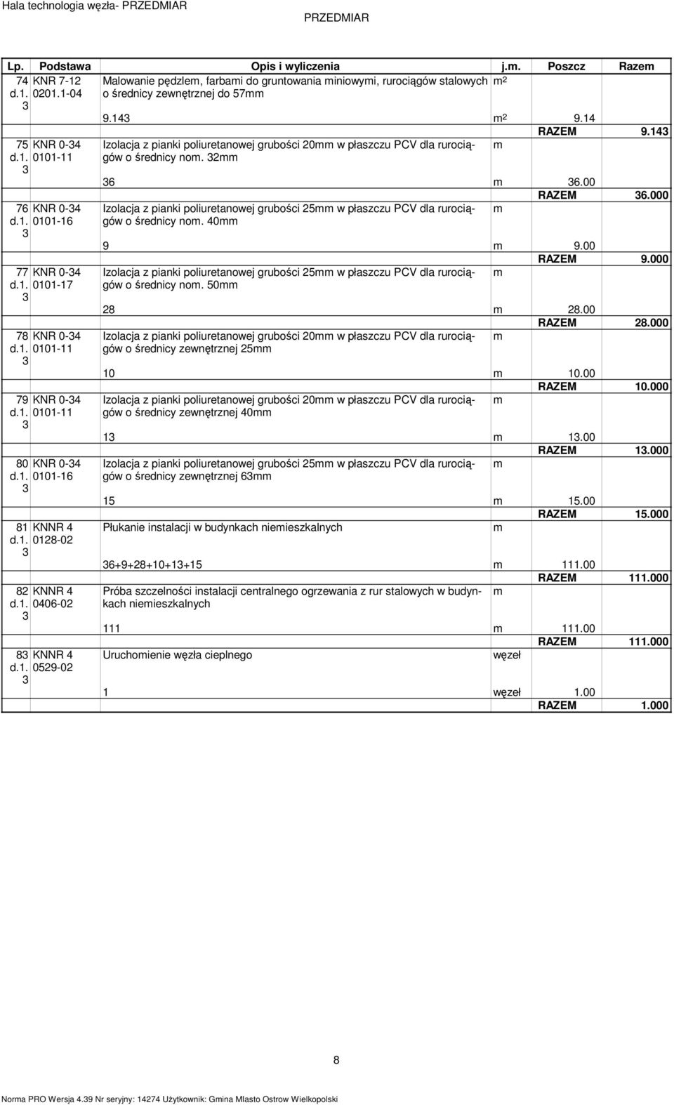 RAZEM 9.14 6 6.00 RAZEM 6.000 Izolacja z pianki poliuretanowej grubości 5 w płaszczu PCV dla rurociągów o średnicy no. 40 9 9.00 RAZEM 9.