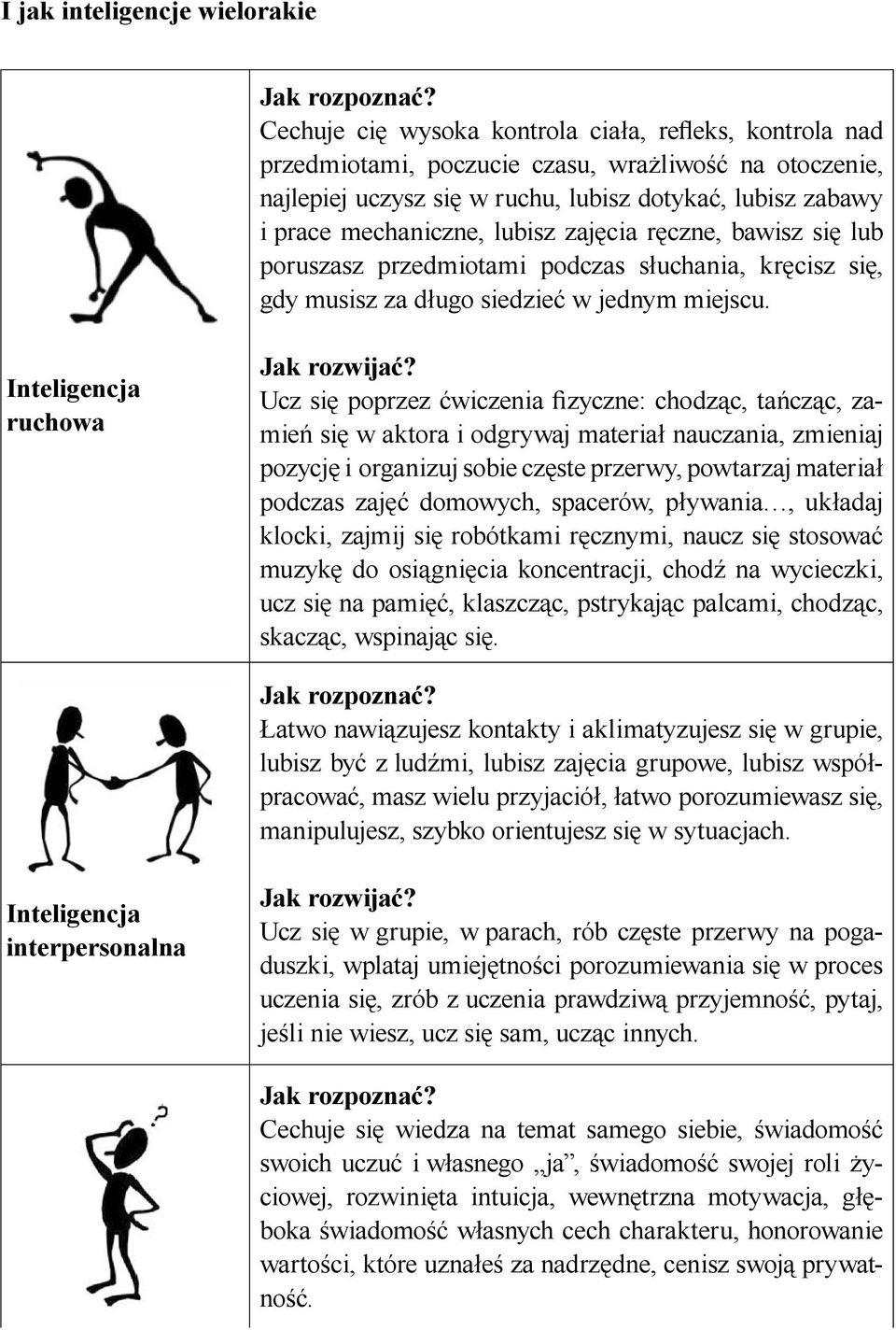 ruchowa Ucz się poprzez ćwiczenia fizyczne: chodząc, tańcząc, zamień się w aktora i odgrywaj materiał nauczania, zmieniaj pozycję i organizuj sobie częste przerwy, powtarzaj materiał podczas zajęć