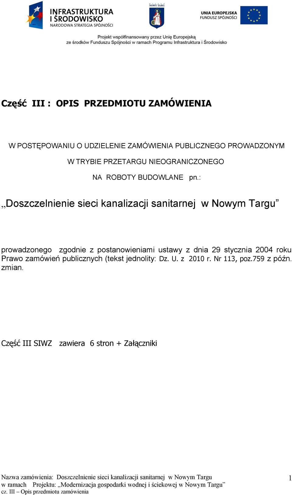 : Doszczelnienie sieci kanalizacji sanitarnej w Nowym Targu prowadzonego zgodnie z postanowieniami ustawy z