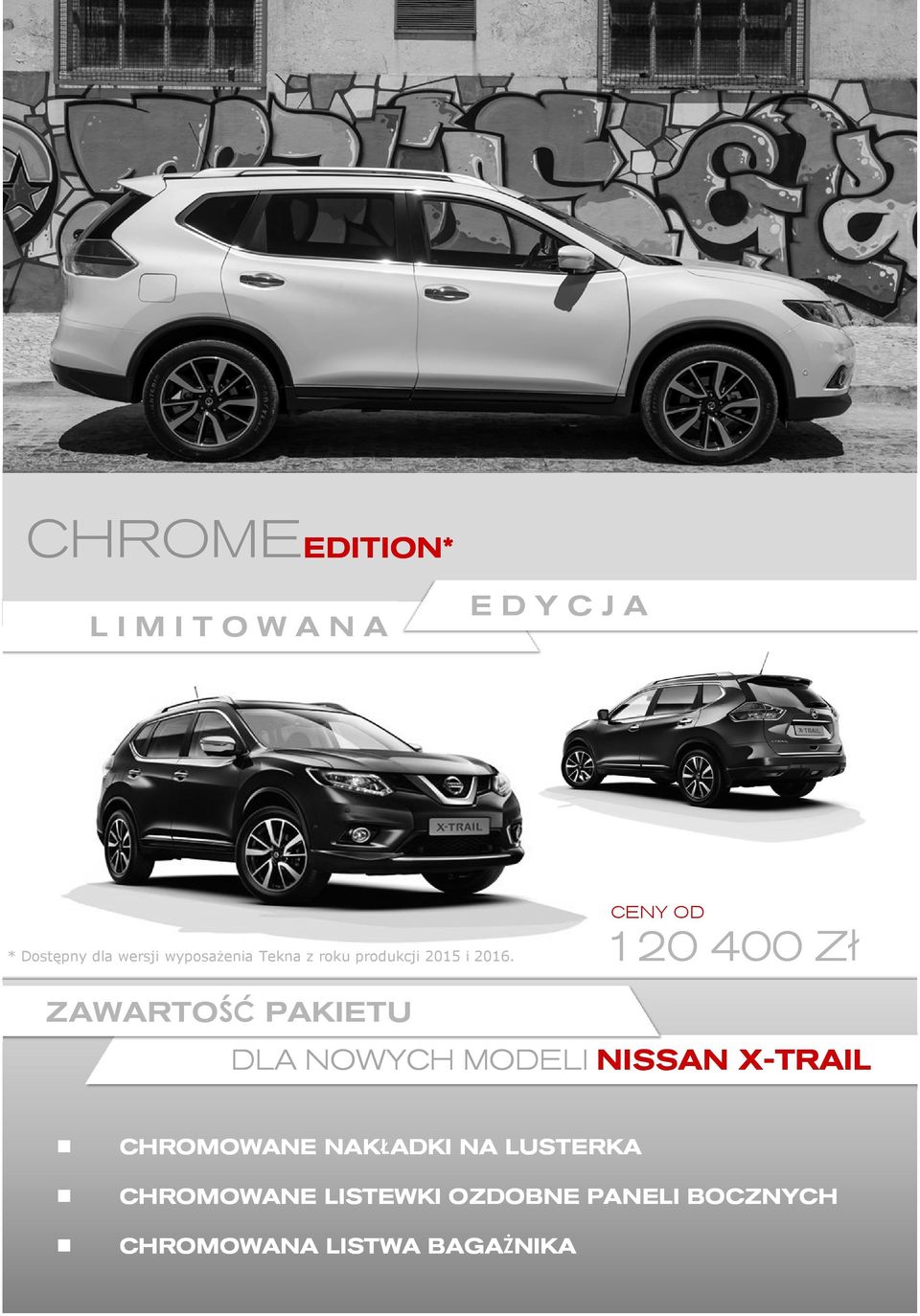 120 400 Zł ZAWARTOŚĆ PAKIETU DLA NOWYCH MODELI NISSAN XX-TRAIL CHROMOWANE