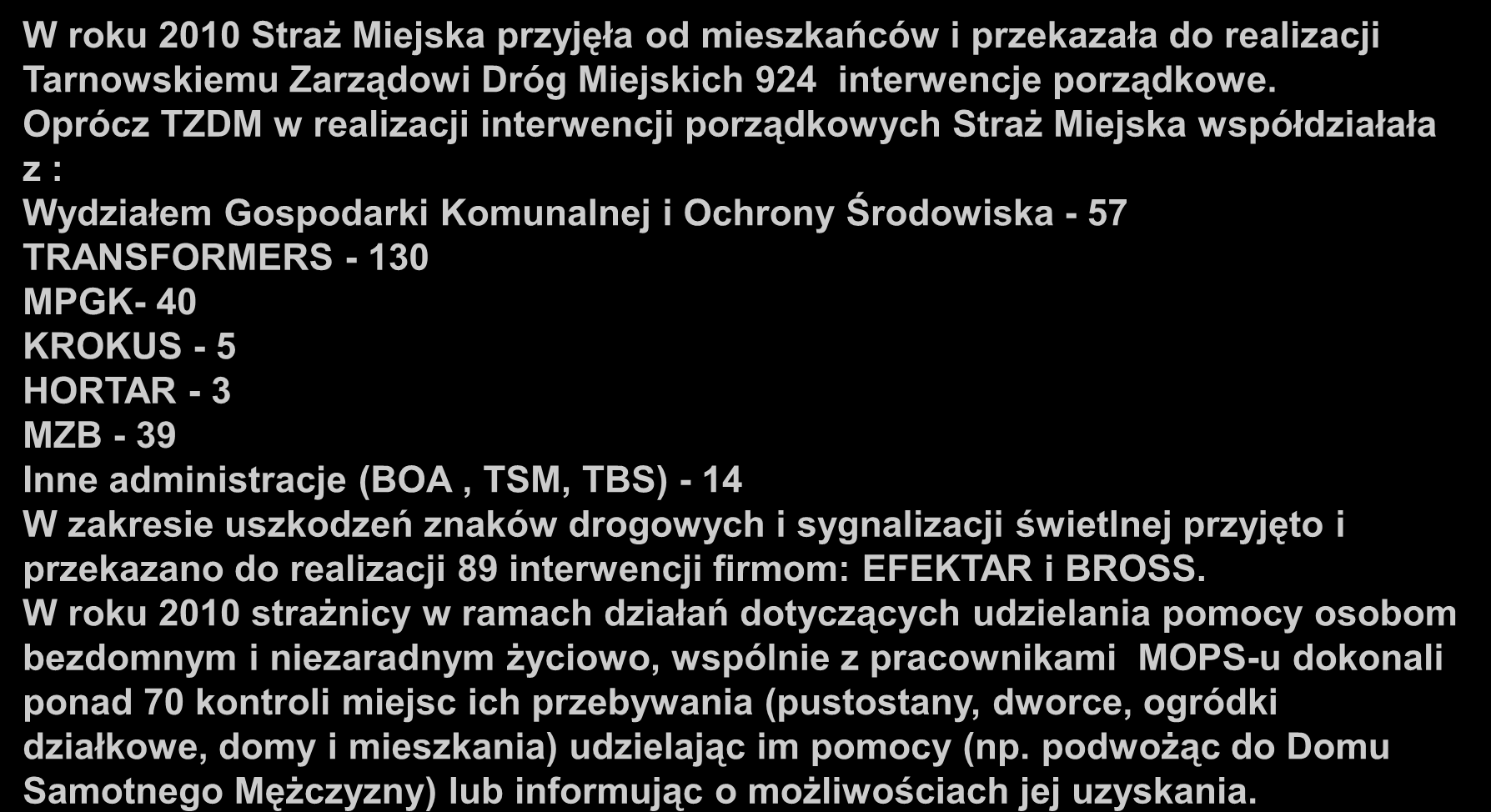 Współpraca Straży Miejskiej z wydziałami Urzędu Miasta i jednostkami podlegającymi Prezydentowi Miasta W roku 2010 Straż Miejska przyjęła od mieszkańców i przekazała do realizacji Tarnowskiemu