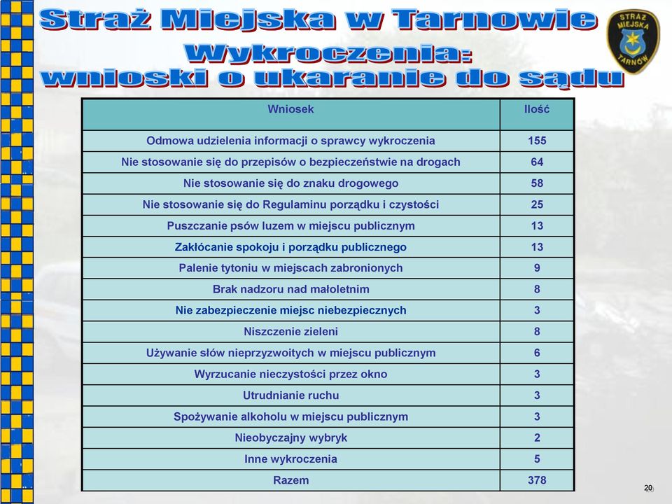 Palenie tytoniu w miejscach zabronionych 9 Brak nadzoru nad małoletnim 8 Nie zabezpieczenie miejsc niebezpiecznych 3 Niszczenie zieleni 8 Używanie słów