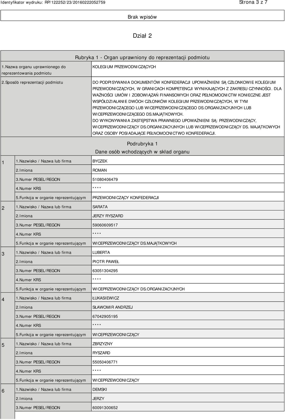 CZYNNOŚCI. DLA WAŻNOŚCI UMÓW I ZOBOWIĄZAŃ FINANSOWYCH ORAZ PEŁNOMOCNICTW KONIECZNE JEST WSPÓŁDZIAŁANIE DWÓCH CZŁONKÓW KOLEGIUM PRZEWODNICZĄCYCH, W TYM PRZEWODNICZĄCEGO LUB WICEPRZEWODNICZĄCEGO DS.