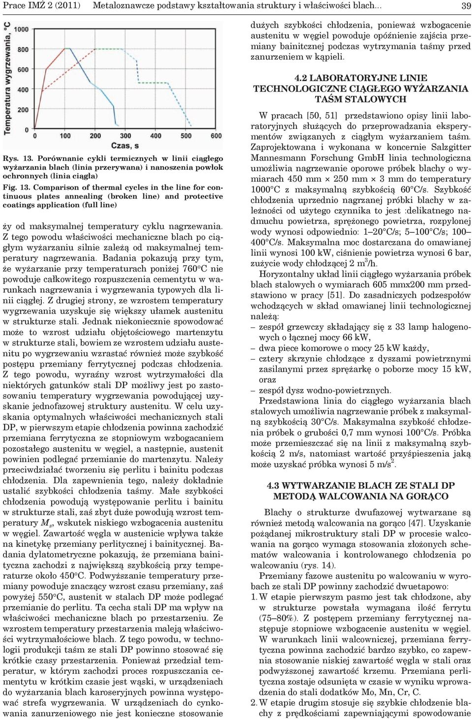 Porównanie cykli termicznych w linii ciągłego wyżarzania blach (linia przerywana) i nanoszenia powłok ochronnych (linia ciągła) Fig. 13.