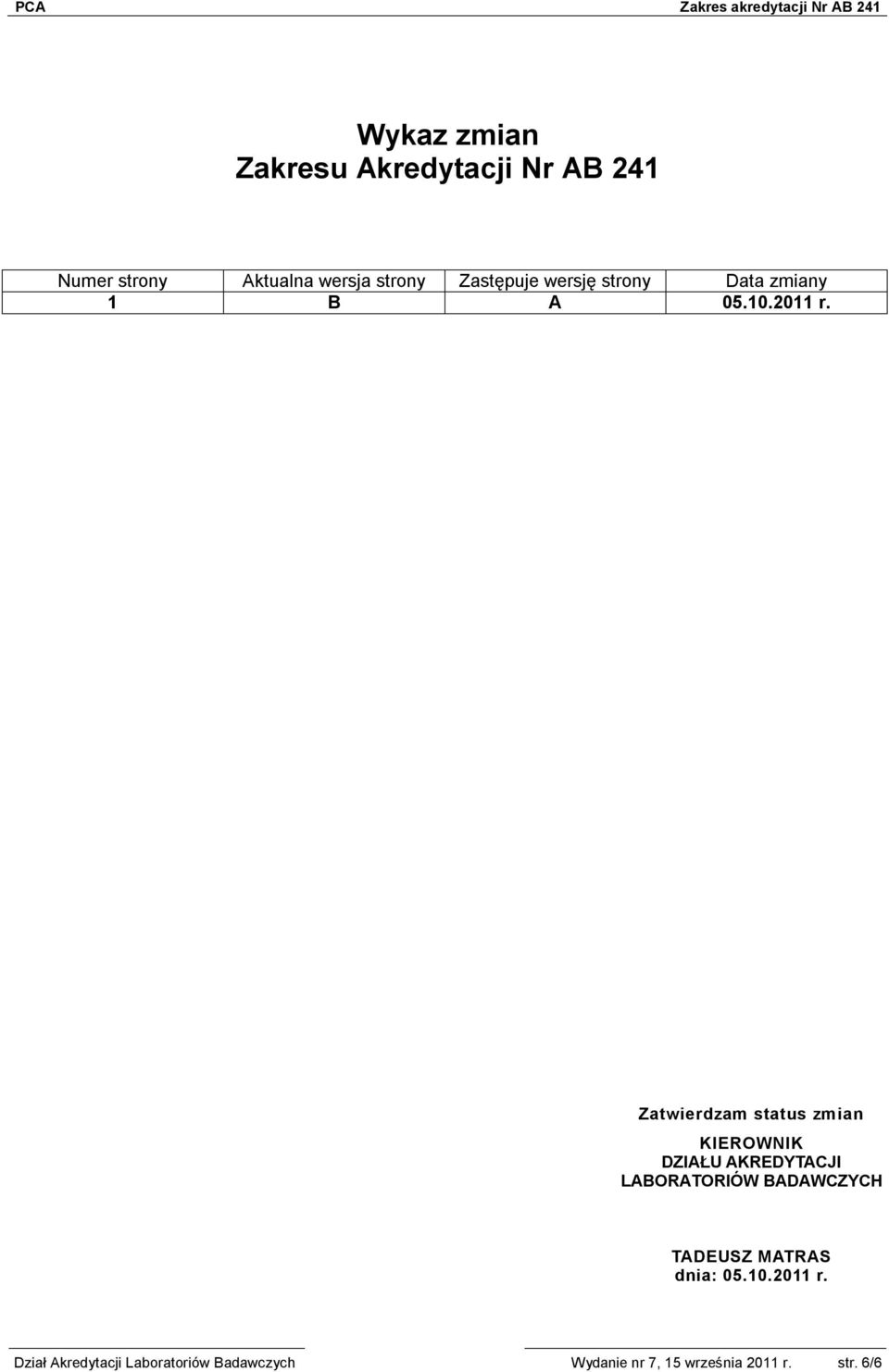 Zatwierdzam status zmian KIEROWNIK DZIAŁU AKREDYTACJI LABORATORIÓW BADAWCZYCH