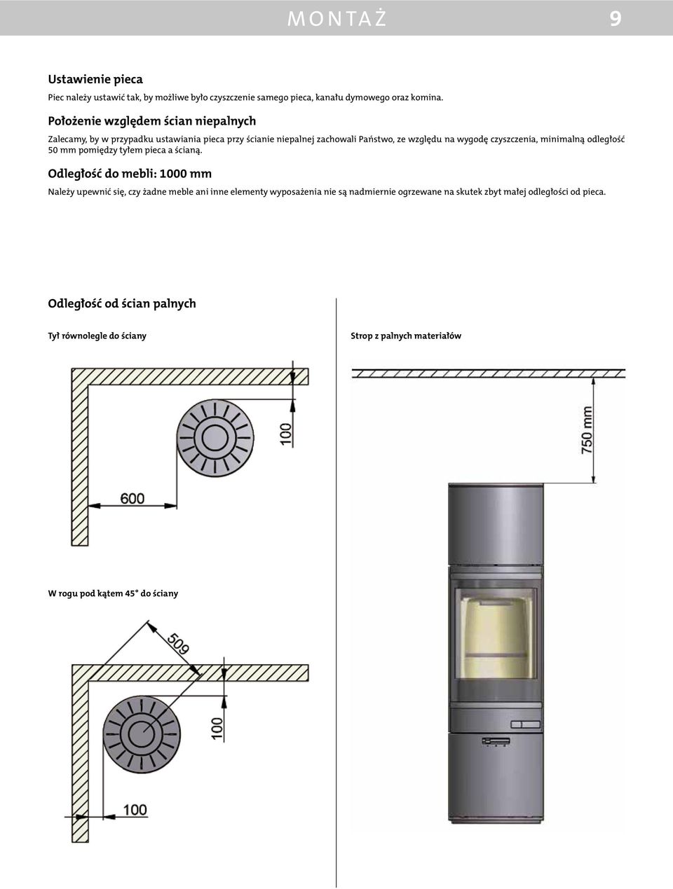 czyszczenia, minimalną odległość 50 mm pomiędzy tyłem pieca a ścianą.