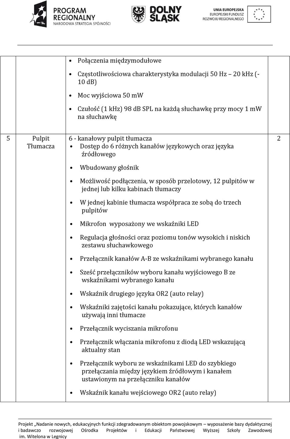 W jednej kabinie tłumacza współpraca ze sobą do trzech pulpitów Mikrofon wyposażony we wskaźniki LED Regulacja głośności oraz poziomu tonów wysokich i niskich zestawu słuchawkowego Przełącznik