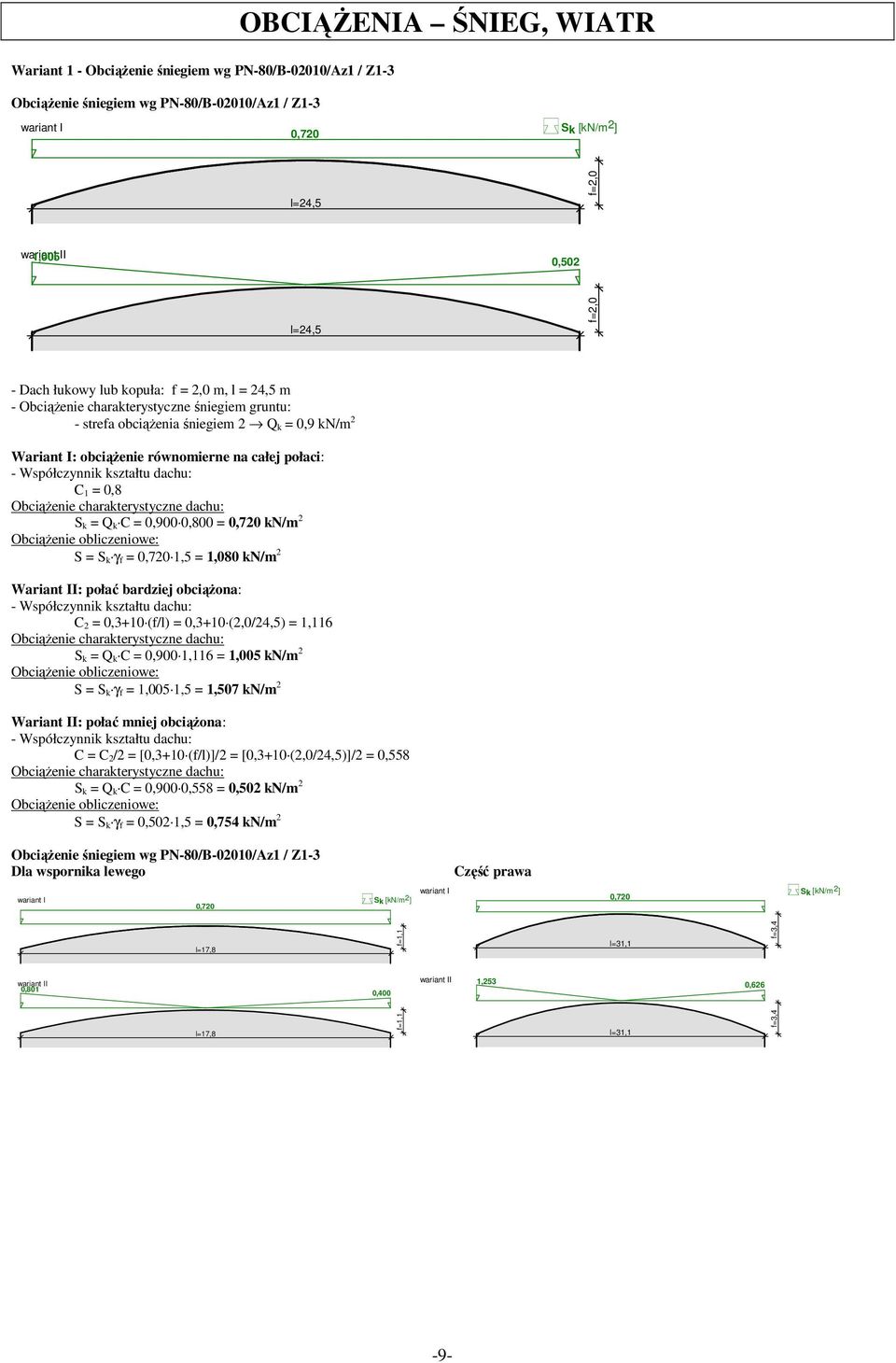 połaci: - Współczynnik kształtu dachu: C 1 = 0,8 Obciążenie charakterystyczne dachu: S k = Q k C = 0,900 0,800 = 0,720 kn/m 2 Obciążenie obliczeniowe: S = S k γ f = 0,720 1,5 = 1,080 kn/m 2 Wariant