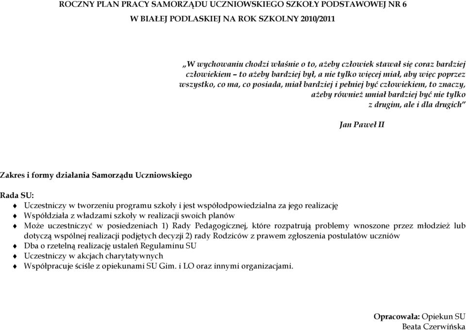 ale i dla drugich Jan Paweł II Zakres i formy działania Samorządu Uczniowskiego Rada SU: Uczestniczy w tworzeniu programu szkoły i jest współodpowiedzialna za jego realizację Współdziała z władzami