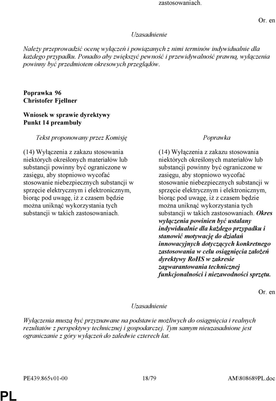 96 Christofer Fjellner Punkt 14 preambuły (14) Wyłączenia z zakazu stosowania niektórych określonych materiałów lub substancji powinny być ograniczone w zasięgu, aby stopniowo wycofać stosowanie